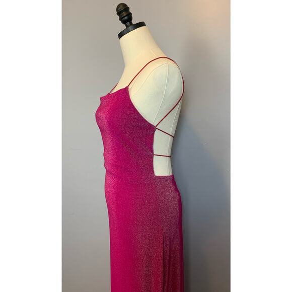 Vtg 90s Y2K City Triangles Open Back Strappy Hot Pink Metallic Bodycon Dress Med - Picture 8 of 17